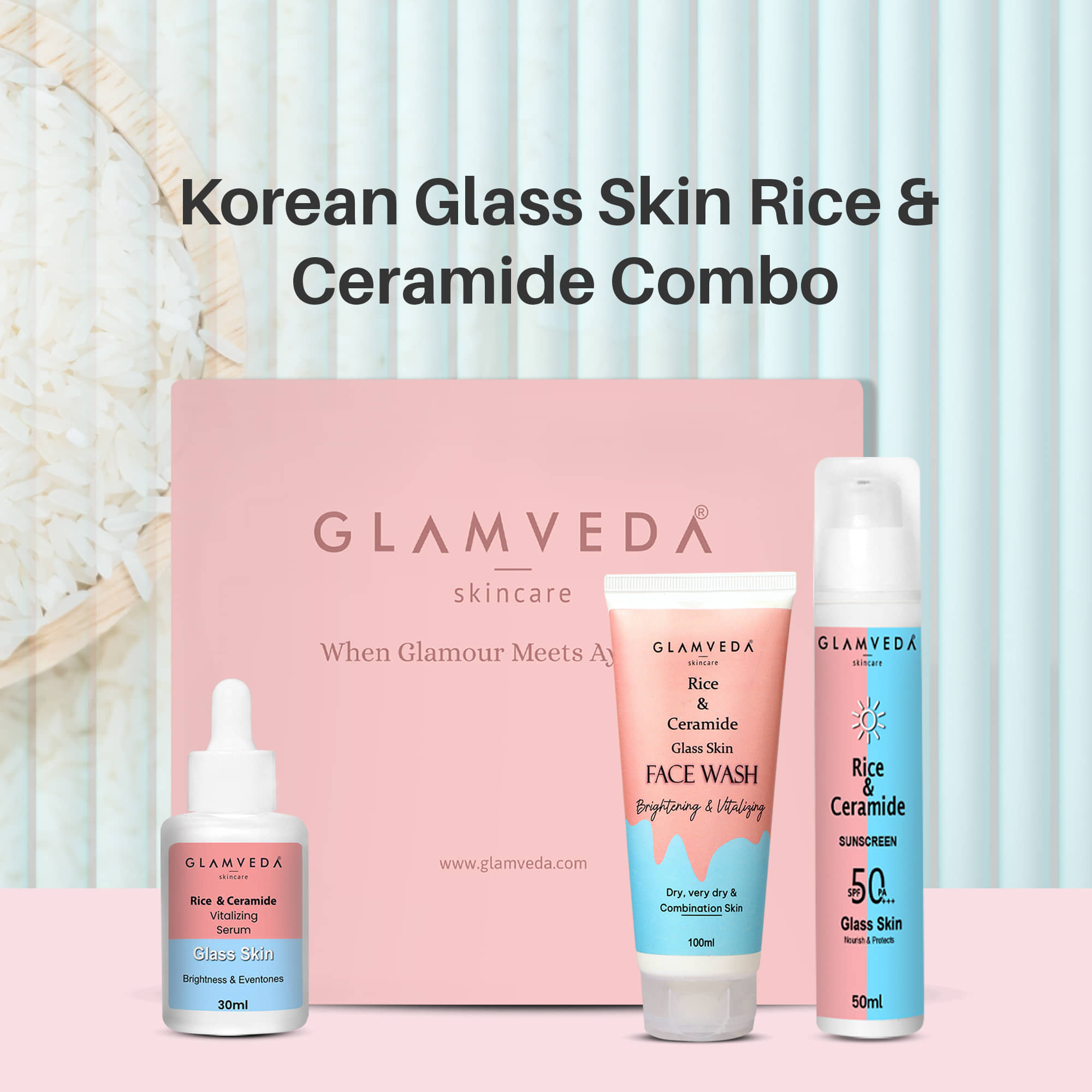 Glamveda Korean Glass Skin Rice & Ceramide 3 Step Combo | Face Wash, Serum & Sunscreen