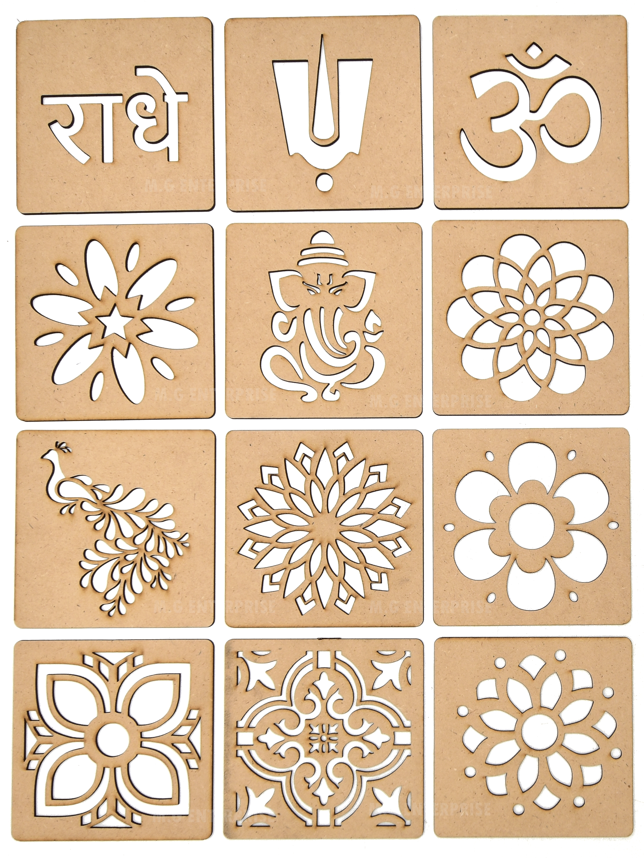     			M.G ENTERPRISE DIY MDF Rangoli Stencils For Floor and Wall PLS-B-12 Set of 12 pc (4 in x 4 in)