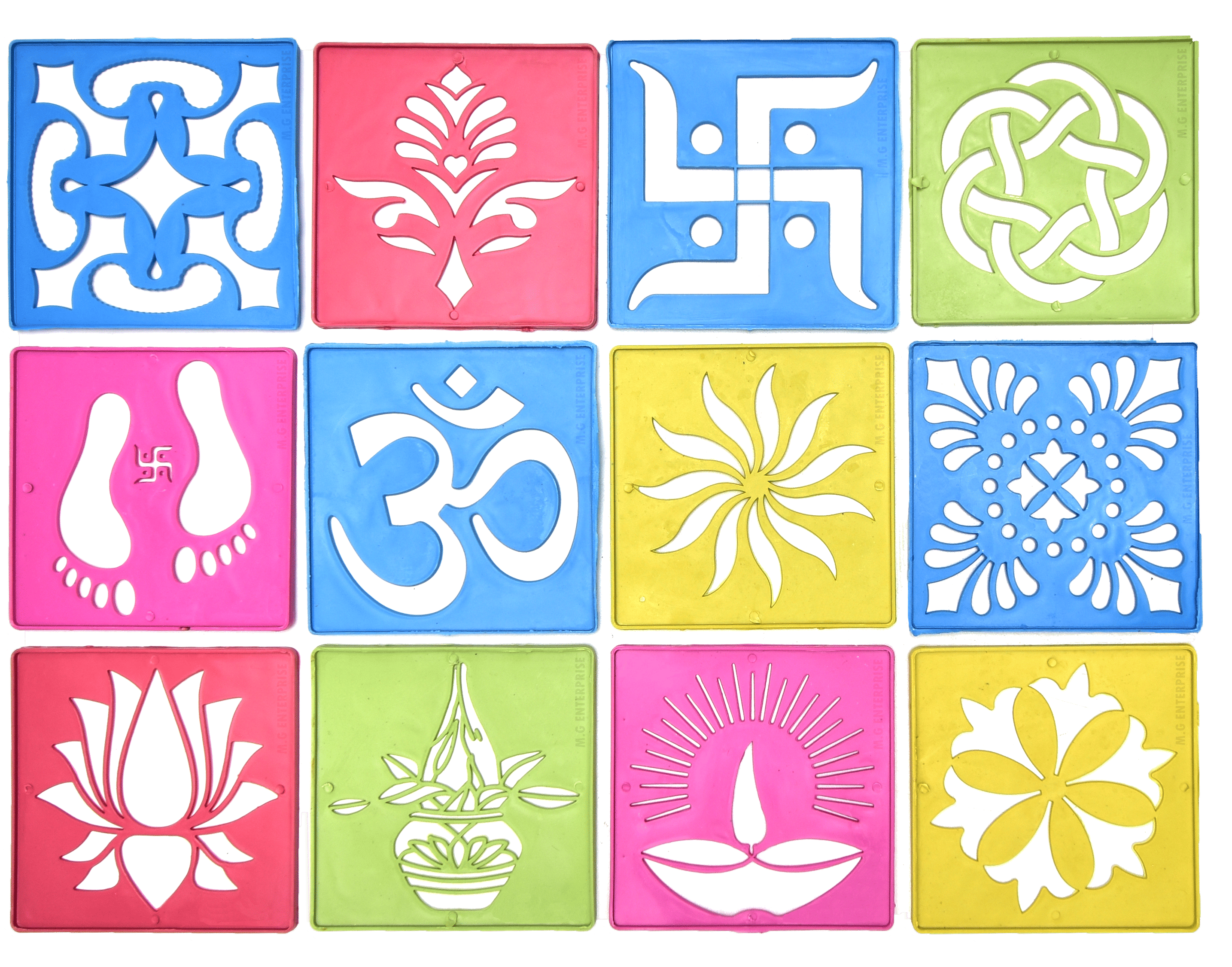 M.G ENTERPRISE DIY Plastic Rangoli Stencils For Floor and Wall PLS-F-12 Set of 12 pc (4 in x 4 in)