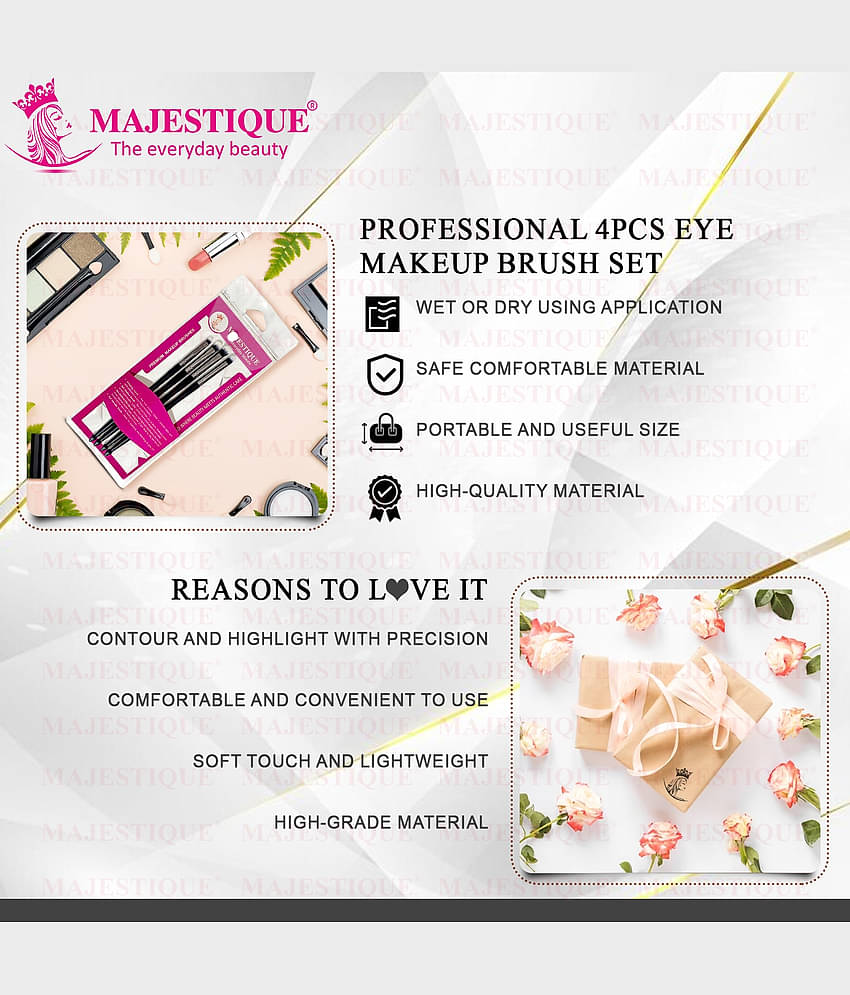 Majestique Quad Face Brush Set Small Concealer Eyeshadow Filler Large Brush & Smudge Brush - 4Pcs