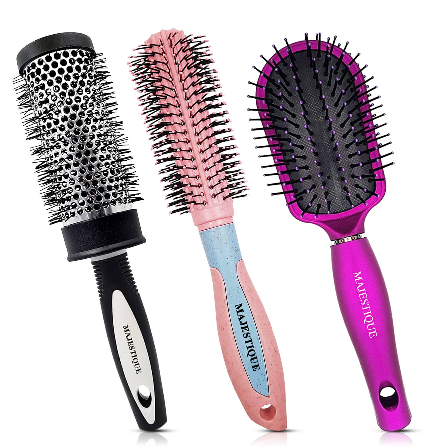 Majestique Hair Round Brush for Blow Drying & Hair Styling with Nylon Bristles - Color May Vary