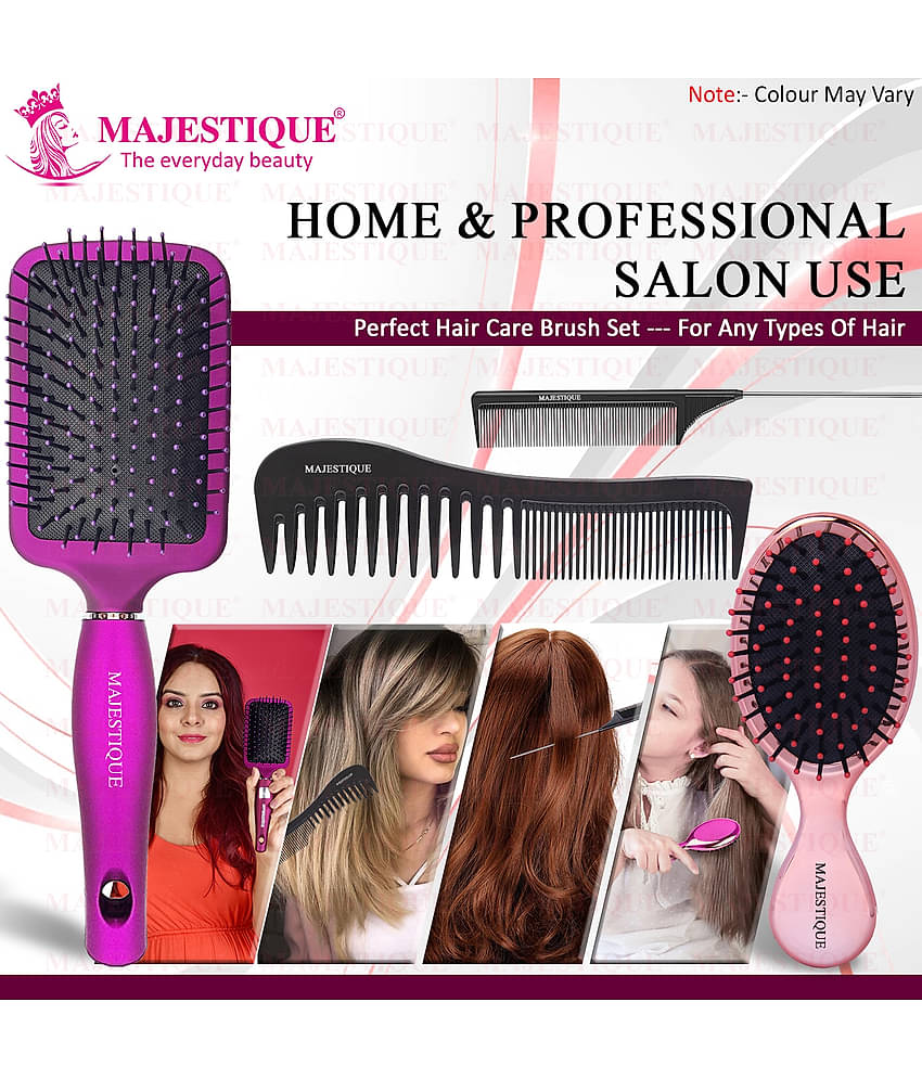 Majestique Purple Paddle Detangling Cushion Hair Brush Refresh and Extend for All Hair Types - 4 Pcs