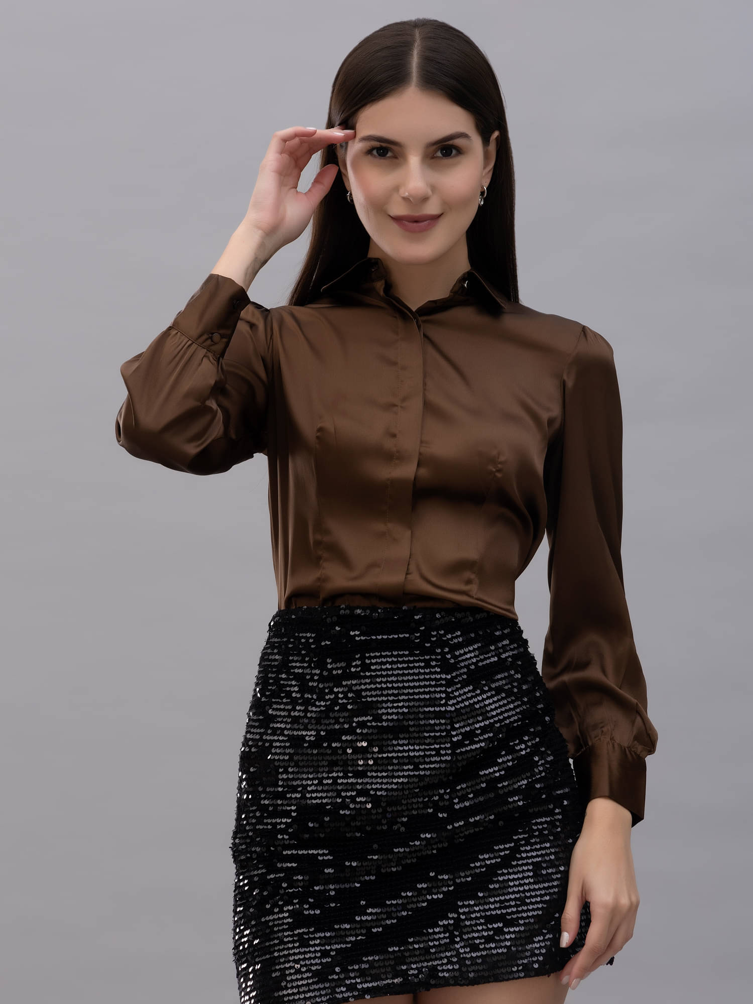     			Purys Women's Satin Regular Top ( Brown )