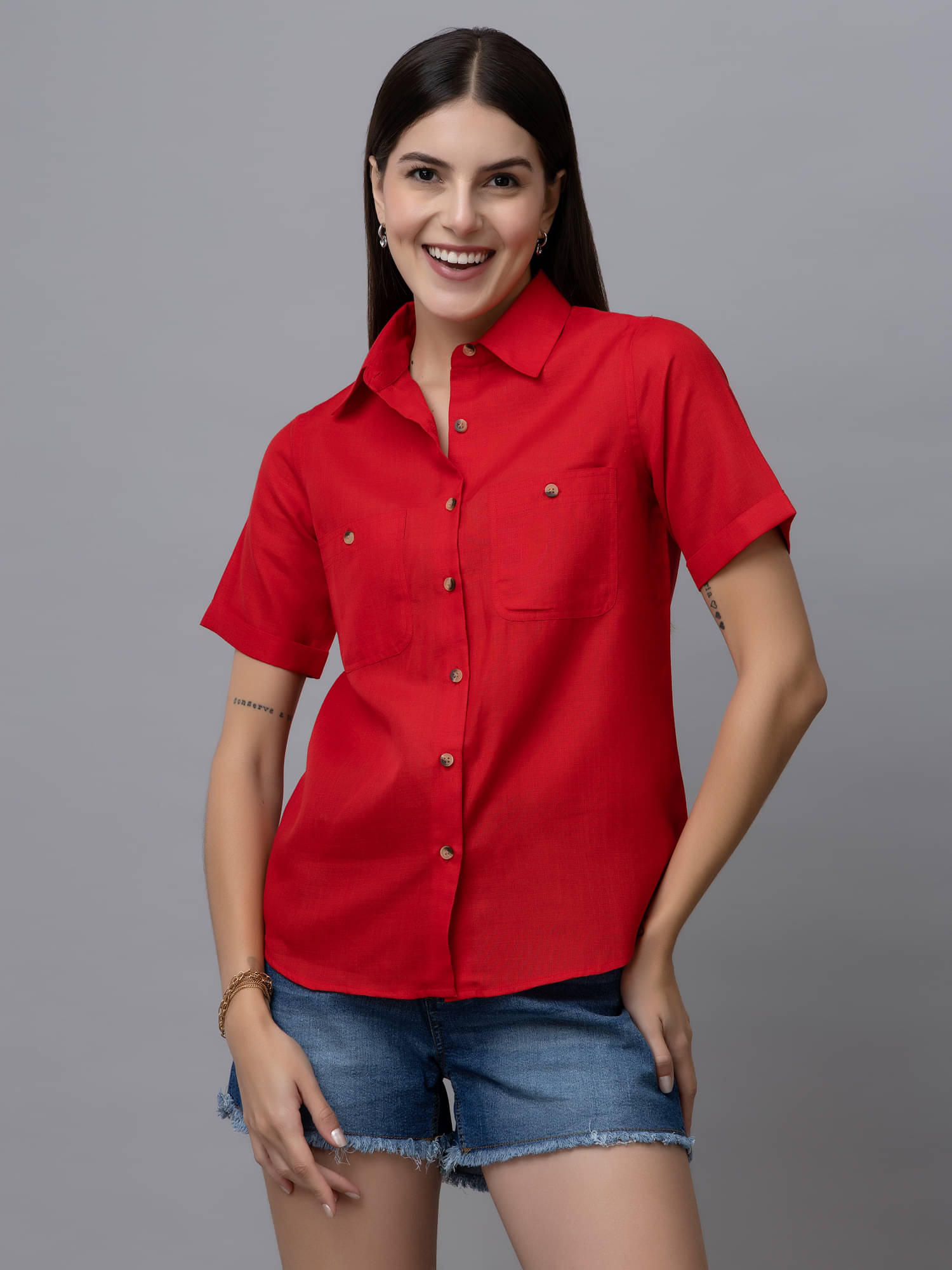     			Purys Women's Linen Regular Top ( Red )