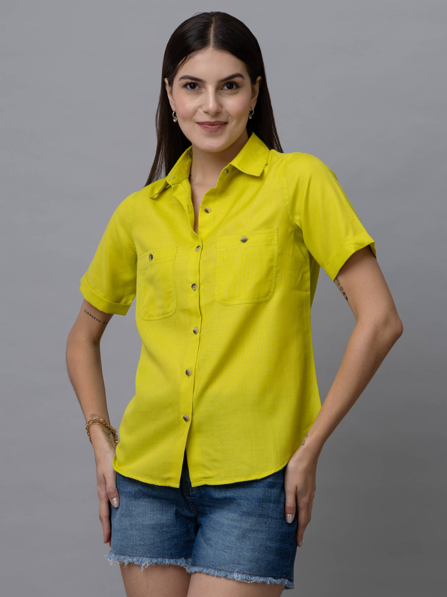     			Purys Women's Linen Regular Top ( Yellow )