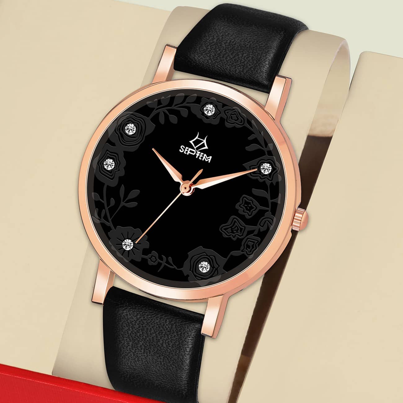 Septem Black Leather Analog Womens Watch