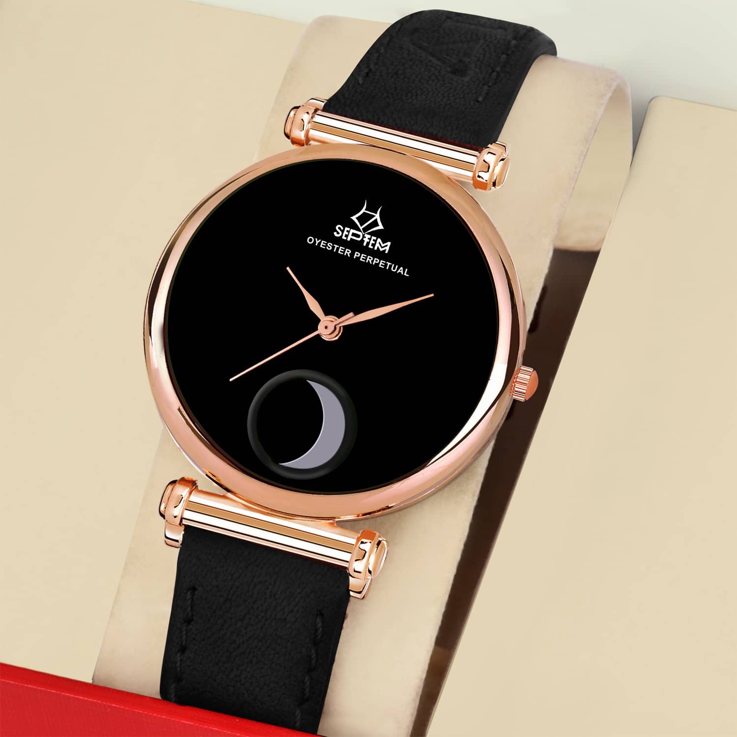 Septem Black Leather Analog Womens Watch