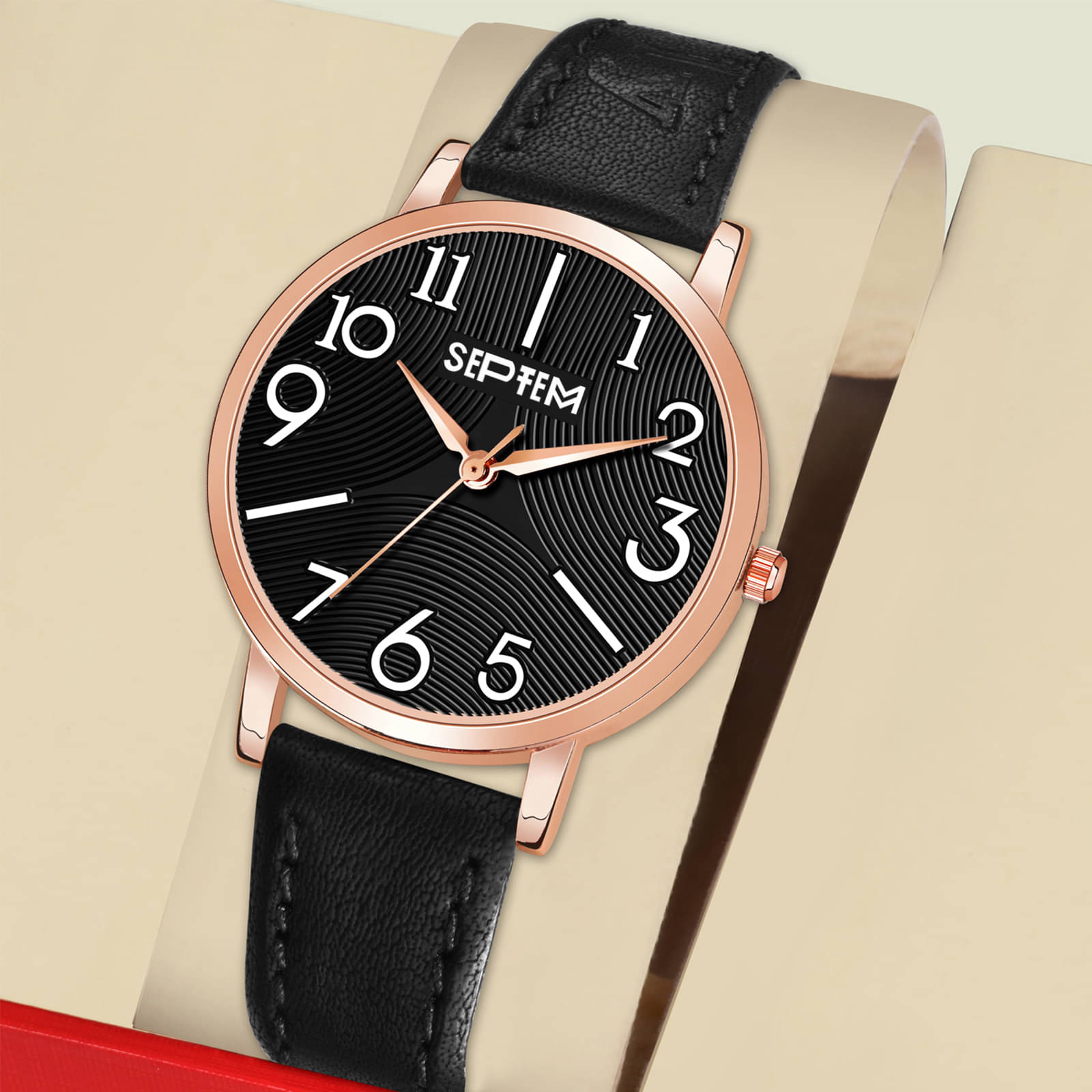     			Septem Black Leather Analog Womens Watch
