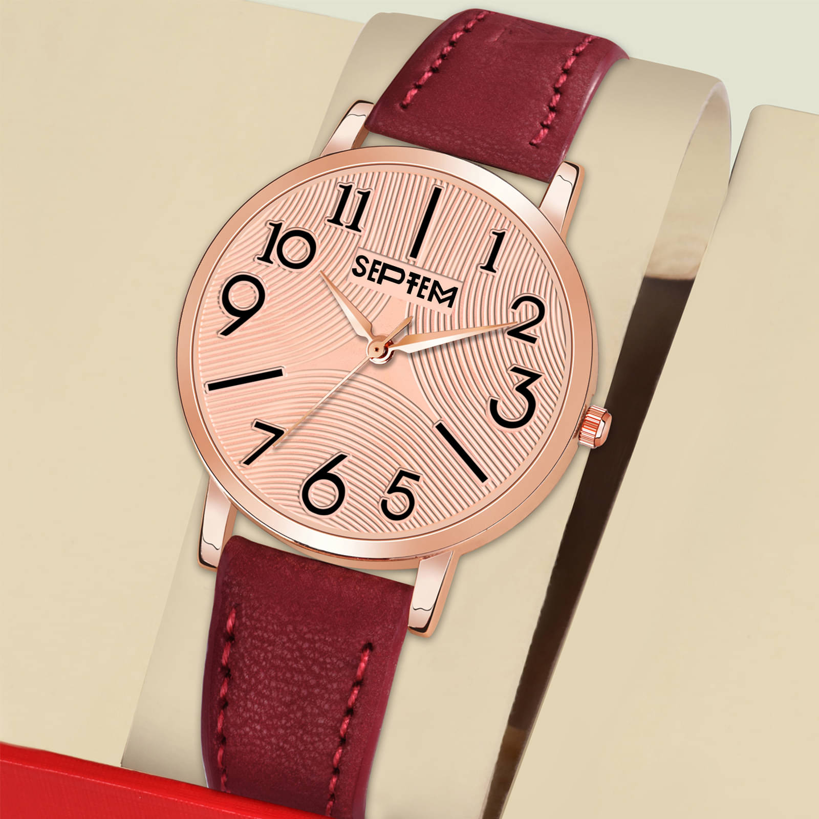    			Septem Red Leather Analog Womens Watch