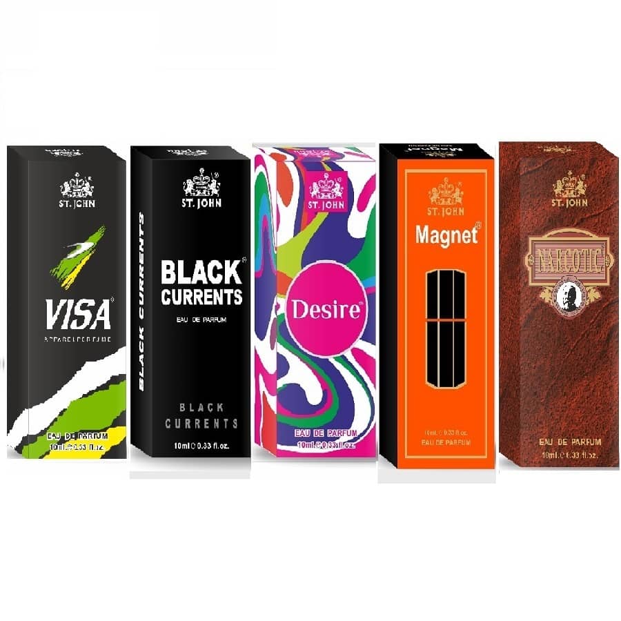 ST.JOHN Cobra Narcotic BlackCurent,Magnet,Desire, Visa Pocket Perfume for Men 10 ml ( Pack of 5 )
