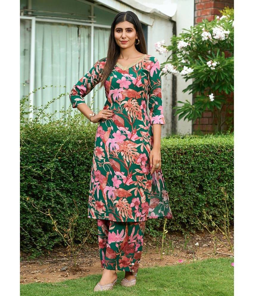 kedar fab Rayon Printed Kurti With Palazzo Women's Stitched Salwar Suit - Green ( Pack of 1 ) kedar fab Rayon Printed Kurti With Palazzo Women's Stitched Salwar Suit - Green ( Pack of 1 )