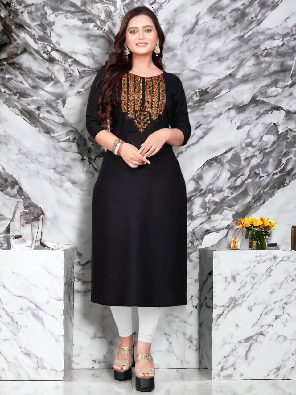 AMTHI Cotton Blend Embroidered Straight Women's Kurti - Black ( Pack of 1 ) AMTHI Cotton Blend Embroidered Straight Women's Kurti - Black ( Pack of 1 )
