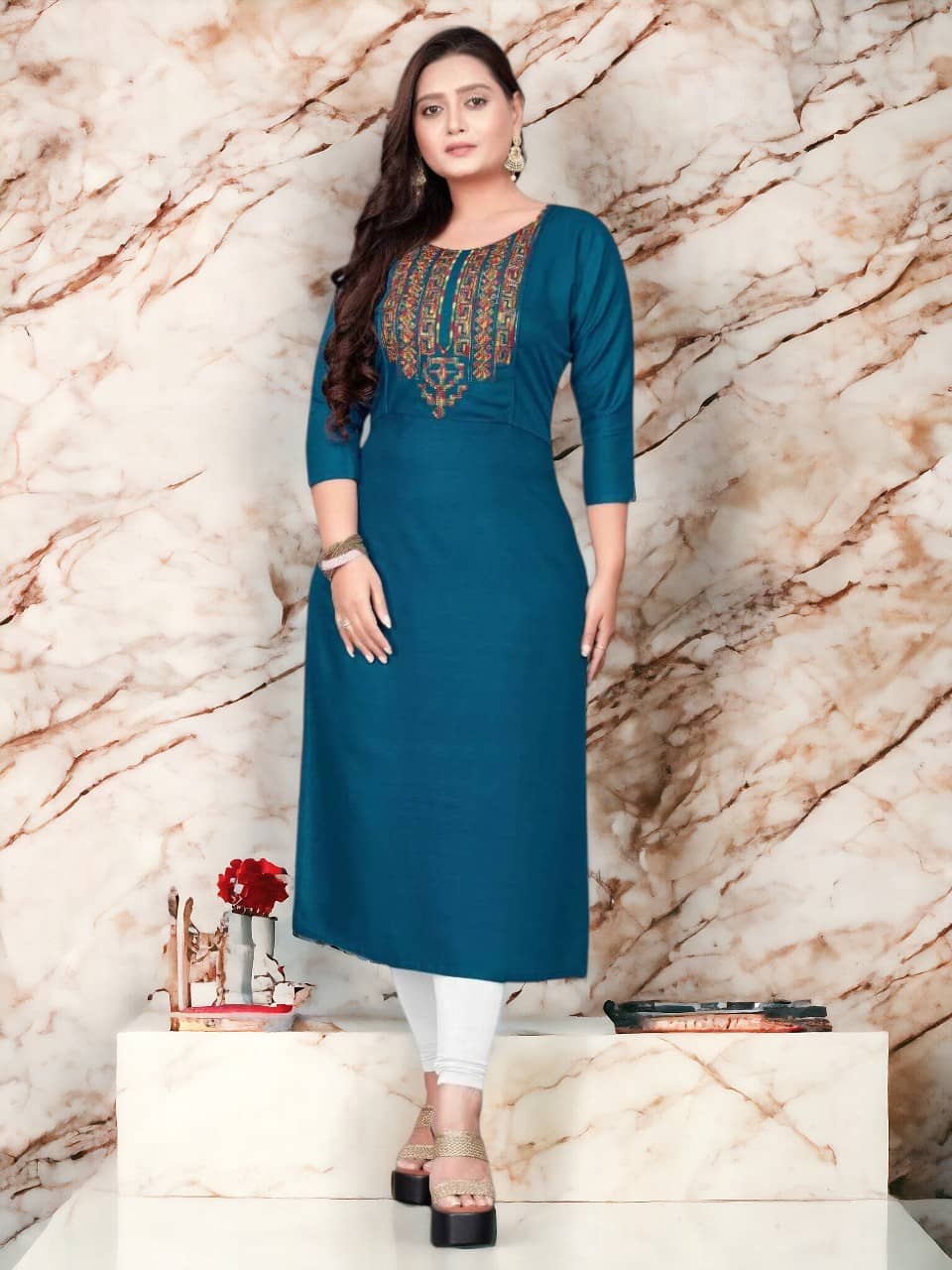 AMTHI Cotton Blend Embroidered Straight Women's Kurti - Teal ( Pack of 1 ) - Kurtis, Tunics | Buy online on ZillyBuy