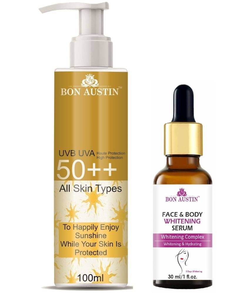 Bon Austin Broad Spectrum SPF 50++ Sunscreen 100ML & Face and Body Whitening Serum 30ML - Combo of 2 Bon Austin Broad Spectrum SPF 50++ Sunscreen 100ML & Face and Body Whitening Serum 30ML - Combo of 2