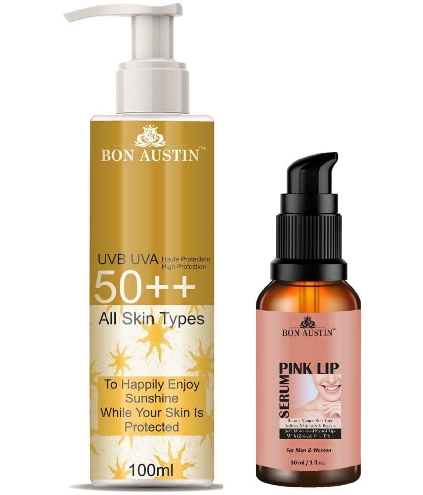 Bon Austin Broad Spectrum SPF 50++ Sunscreen 100ML & Pink Lip Serum-Restore Natural Lips 30ML - Combo of 2 Bon Austin Broad Spectrum SPF 50++ Sunscreen 100ML & Pink Lip Serum-Restore Natural Lips 30ML - Combo of 2