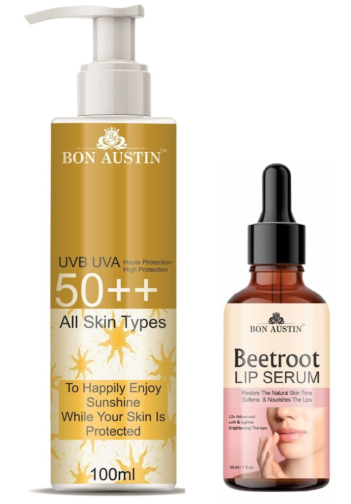 Bon Austin Broad Spectrum SPF 50++ Sunscreen 100ML & Beetroot Lip Serum 30ML - Combo of 2 Bon Austin Broad Spectrum SPF 50++ Sunscreen 100ML & Beetroot Lip Serum 30ML - Combo of 2