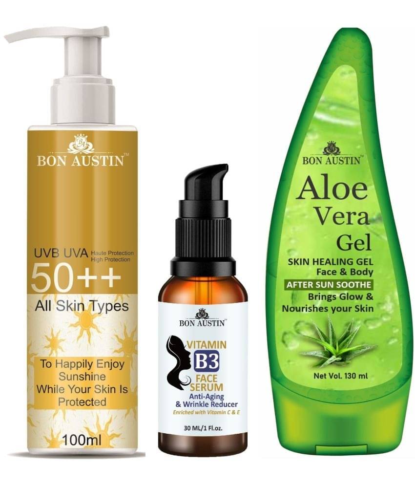 Bon Austin Broad Spectrum SPF 50++ Sunscreen 100ML, Vitamin B3 Facial Brightening Serum 30ML & Multipurpose Aloe Vera Gel 130ml - Combo of 3 Bon Austin Broad Spectrum SPF 50++ Sunscreen 100ML, Vitamin B3 Facial Brightening Serum 30ML & Multipurpose Aloe Vera Gel 130ml - Combo of 3