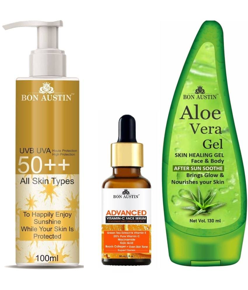 Bon Austin Broad Spectrum SPF 50++ Sunscreen 100ML, Advance Vitamin C Face Serum 30ML & Multipurpose Aloe Vera Gel 130ml - Combo of 3 Bon Austin Broad Spectrum SPF 50++ Sunscreen 100ML, Advance Vitamin C Face Serum 30ML & Multipurpose Aloe Vera Gel 130ml - Combo of 3