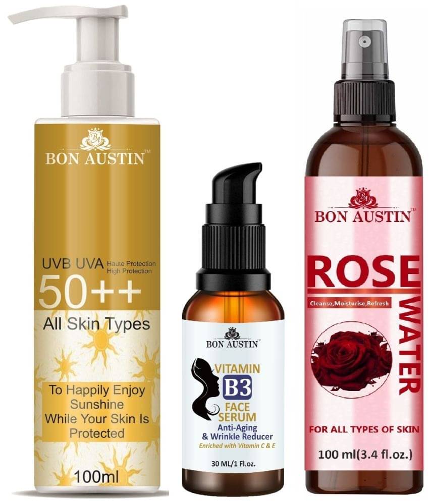 Bon Austin Broad Spectrum SPF 50++ Sunscreen 100ML, Vitamin B3 Facial Brightening Serum 30ML & Natural Rose Water 100ml - Combo of 3 Bon Austin Broad Spectrum SPF 50++ Sunscreen 100ML, Vitamin B3 Facial Brightening Serum 30ML & Natural Rose Water 100ml - Combo of 3