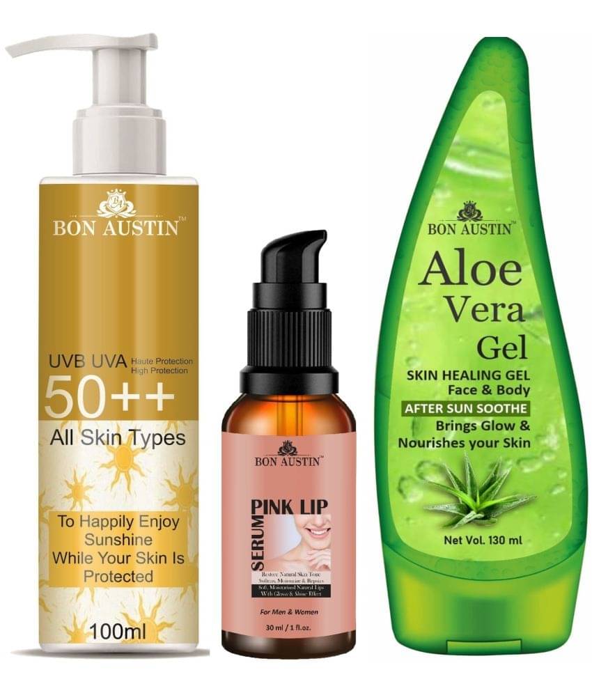 Bon Austin Broad Spectrum SPF 50++ Sunscreen 100ML, Pink Lip Serum - Restore Natural Lips 30ML & Multipurpose Aloe Vera Gel 130ml - Combo of 3 Bon Austin Broad Spectrum SPF 50++ Sunscreen 100ML, Pink Lip Serum - Restore Natural Lips 30ML & Multipurpose Aloe Vera Gel 130ml - Combo of 3