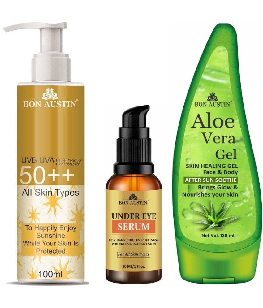 Bon Austin Broad Spectrum SPF 50++ Sunscreen 100ML, Under Eye Serum-Dark Circle Remover 30ML & Multipurpose Aloe Vera Gel 130ml - Combo of 3 Bon Austin Broad Spectrum SPF 50++ Sunscreen 100ML, Under Eye Serum-Dark Circle Remover 30ML & Multipurpose Aloe Vera Gel 130ml - Combo of 3