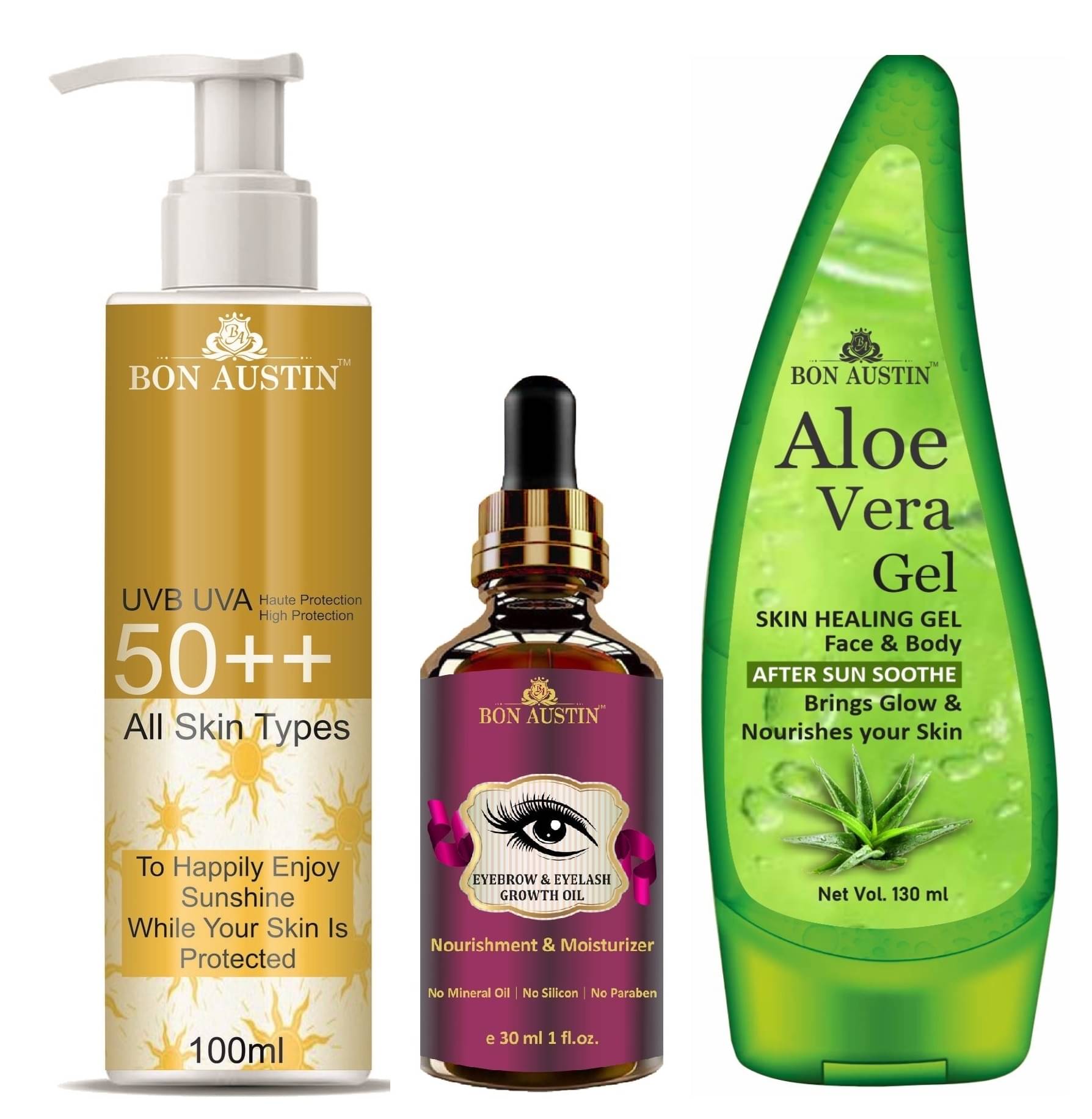    			Bon Austin Broad Spectrum SPF 50++ Sunscreen 100ML, Eyebrow & Eyelash Growth Oil 30ML & Multipurpose Aloe Vera Gel 130ml - Combo of 3