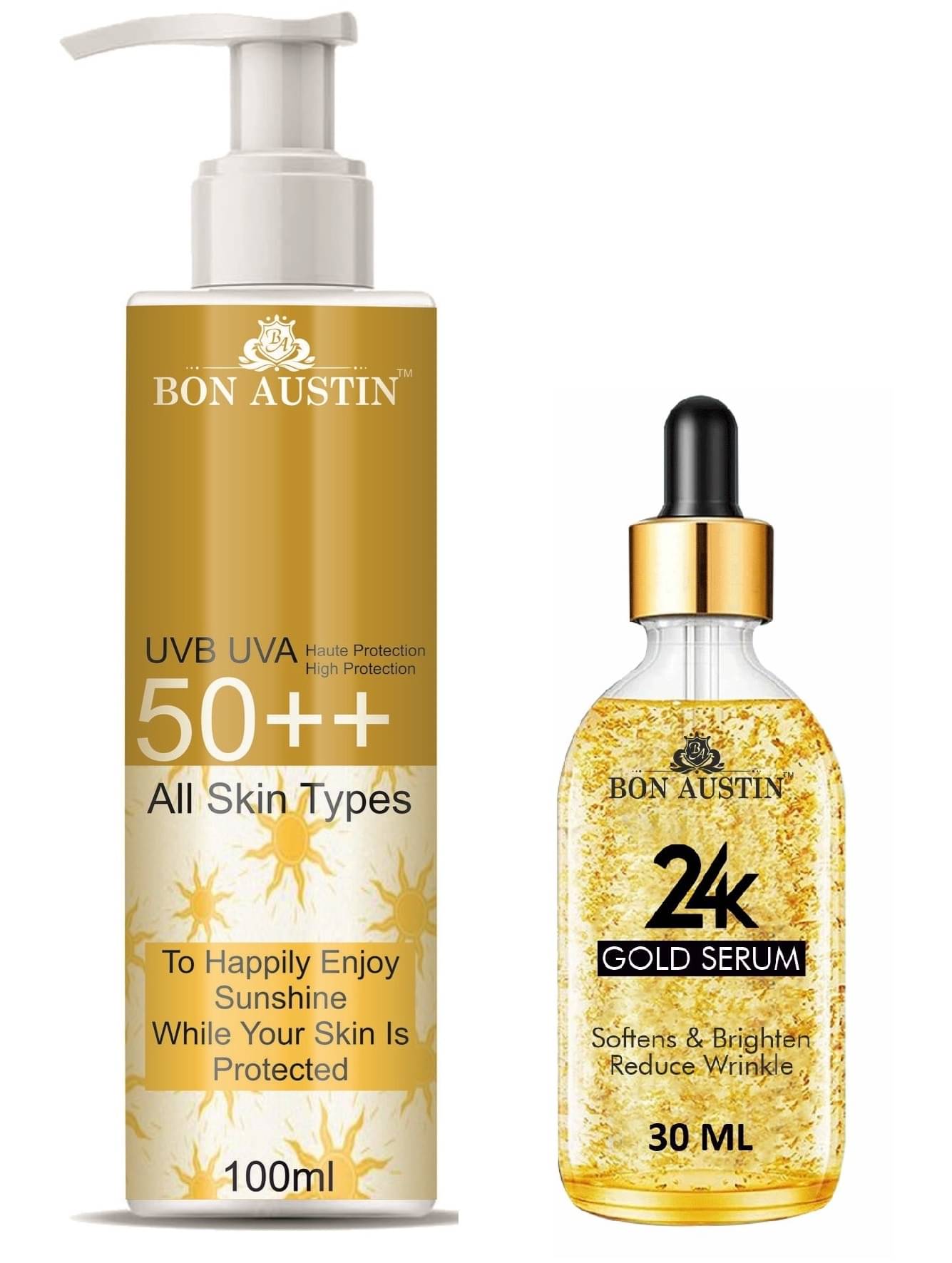     			Bon Austin Broad Spectrum SPF 50++ Sunscreen 100ML & 24K Gold Serum 30ML - Combo of 2