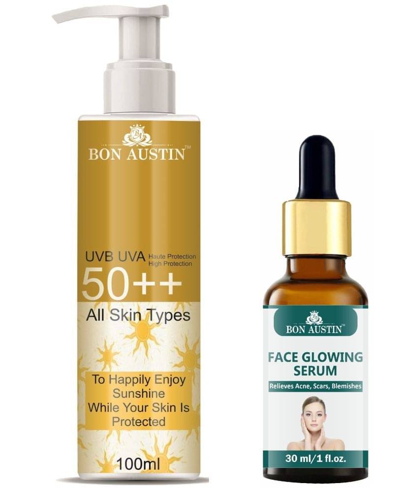 Bon Austin Broad Spectrum SPF 50++ Sunscreen 100ML & Face Glowing Serum 30ML - Combo of 2 Bon Austin Broad Spectrum SPF 50++ Sunscreen 100ML & Face Glowing Serum 30ML - Combo of 2