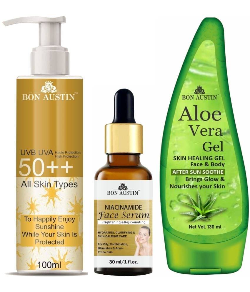 Bon Austin Broad Spectrum SPF 50++ Sunscreen 100ML, Niacindamide Face Serum 30ML & Multipurpose Aloe Vera Gel 130ml - Combo of 3 Bon Austin Broad Spectrum SPF 50++ Sunscreen 100ML, Niacindamide Face Serum 30ML & Multipurpose Aloe Vera Gel 130ml - Combo of 3