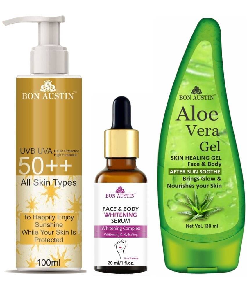 Bon Austin Broad Spectrum SPF 50++ Sunscreen 100ML, Face and Body Whitening Serum 30ML & Multipurpose Aloe Vera Gel 130ml - Combo of 3 Bon Austin Broad Spectrum SPF 50++ Sunscreen 100ML, Face and Body Whitening Serum 30ML & Multipurpose Aloe Vera Gel 130ml - Combo of 3