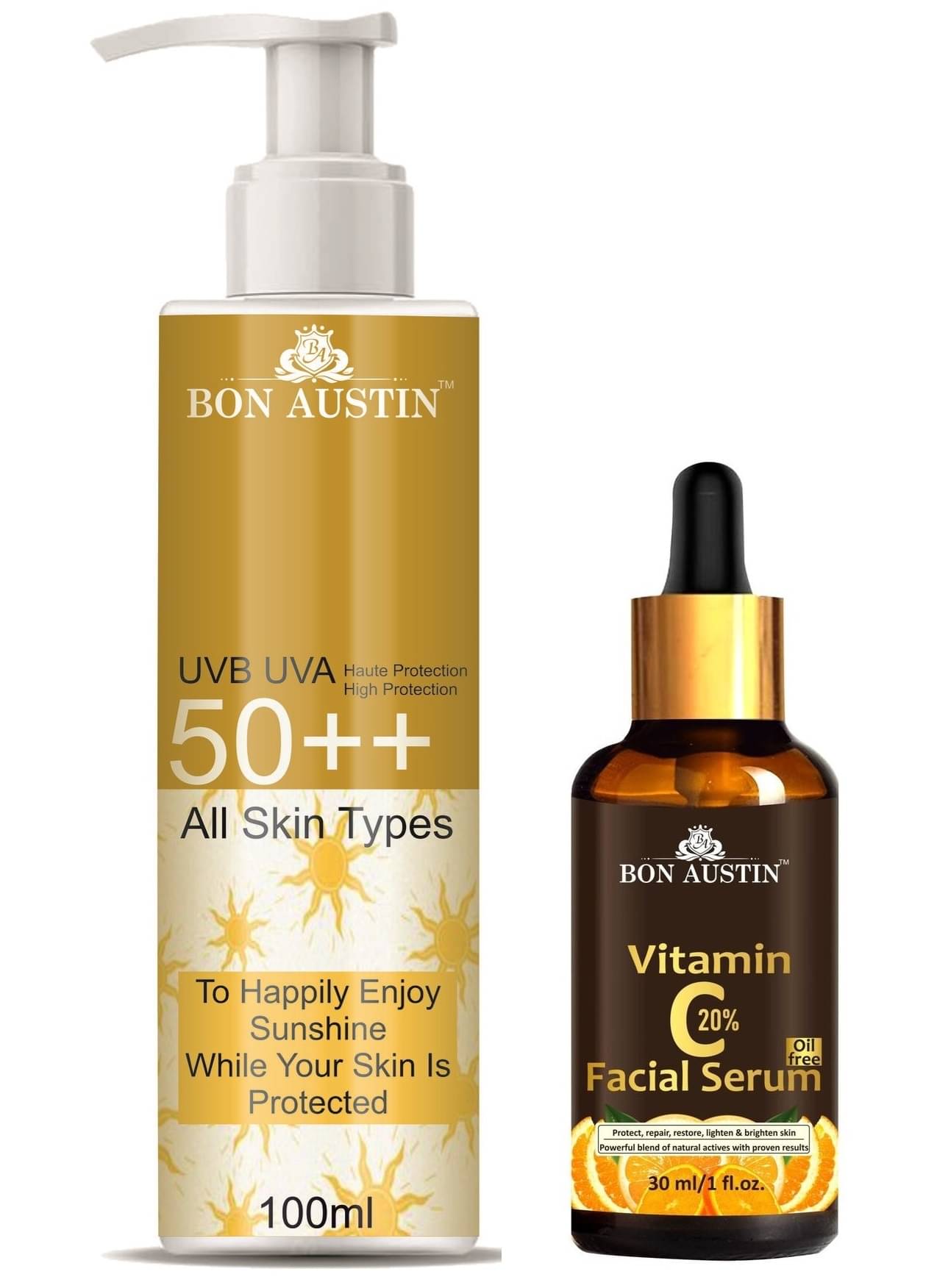 Bon Austin Broad Spectrum SPF 50++ Sunscreen 100ML & Vitamin C20% Face Brightening Serum 30ML - Combo of 2 Bon Austin Broad Spectrum SPF 50++ Sunscreen 100ML & Vitamin C20% Face Brightening Serum 30ML - Combo of 2