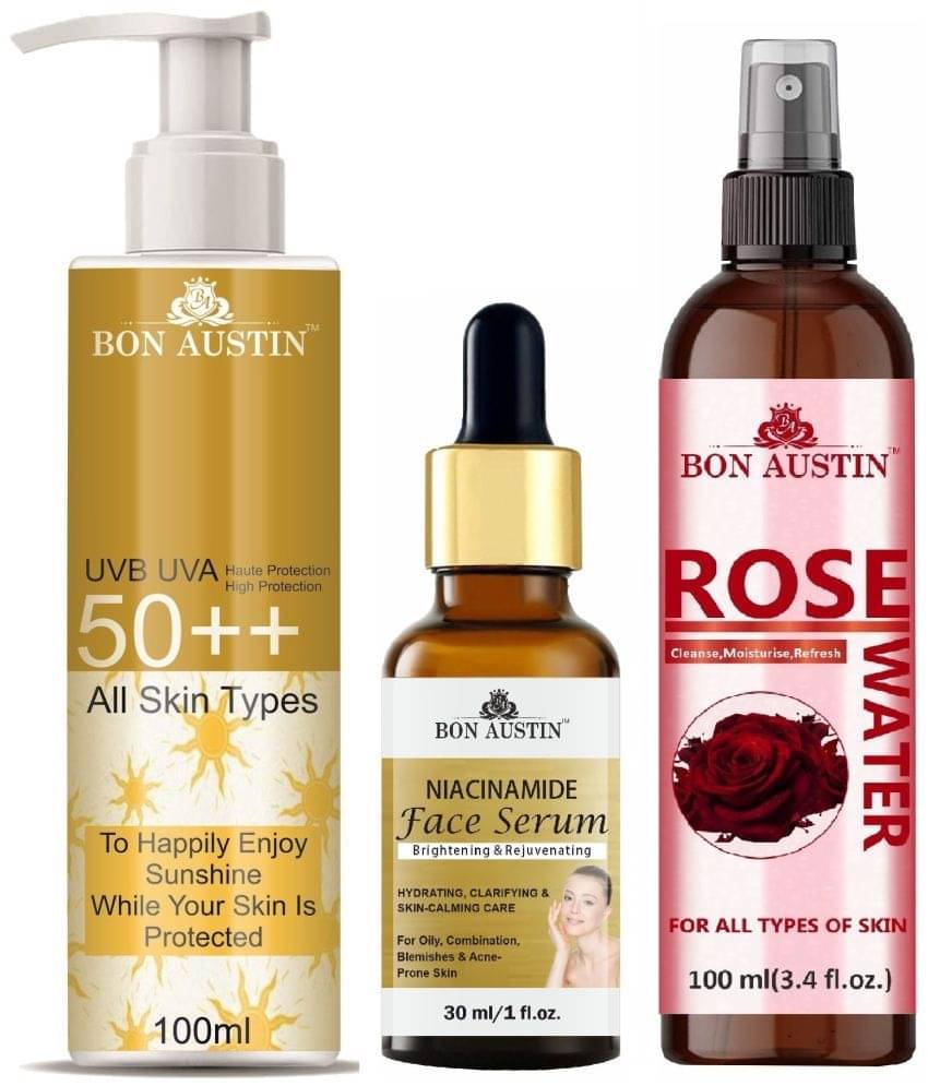 Bon Austin Broad Spectrum SPF 50++ Sunscreen 100ML, Niacindamide Face Serum 30ML & Natural Rose Water 100ml - Combo of 3 Bon Austin Broad Spectrum SPF 50++ Sunscreen 100ML, Niacindamide Face Serum 30ML & Natural Rose Water 100ml - Combo of 3