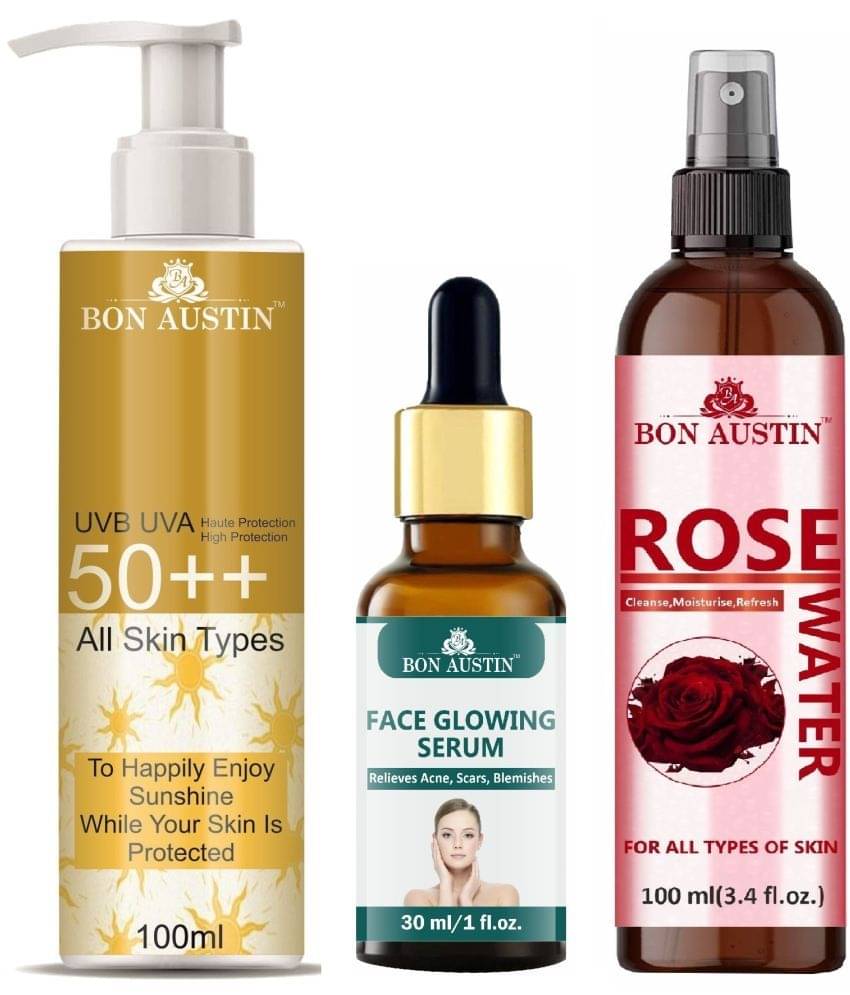 Bon Austin Broad Spectrum SPF 50++ Sunscreen 100ML, Face Glowing Serum 30ML & Natural Rose Water 100ml - Combo of 3 Bon Austin Broad Spectrum SPF 50++ Sunscreen 100ML, Face Glowing Serum 30ML & Natural Rose Water 100ml - Combo of 3