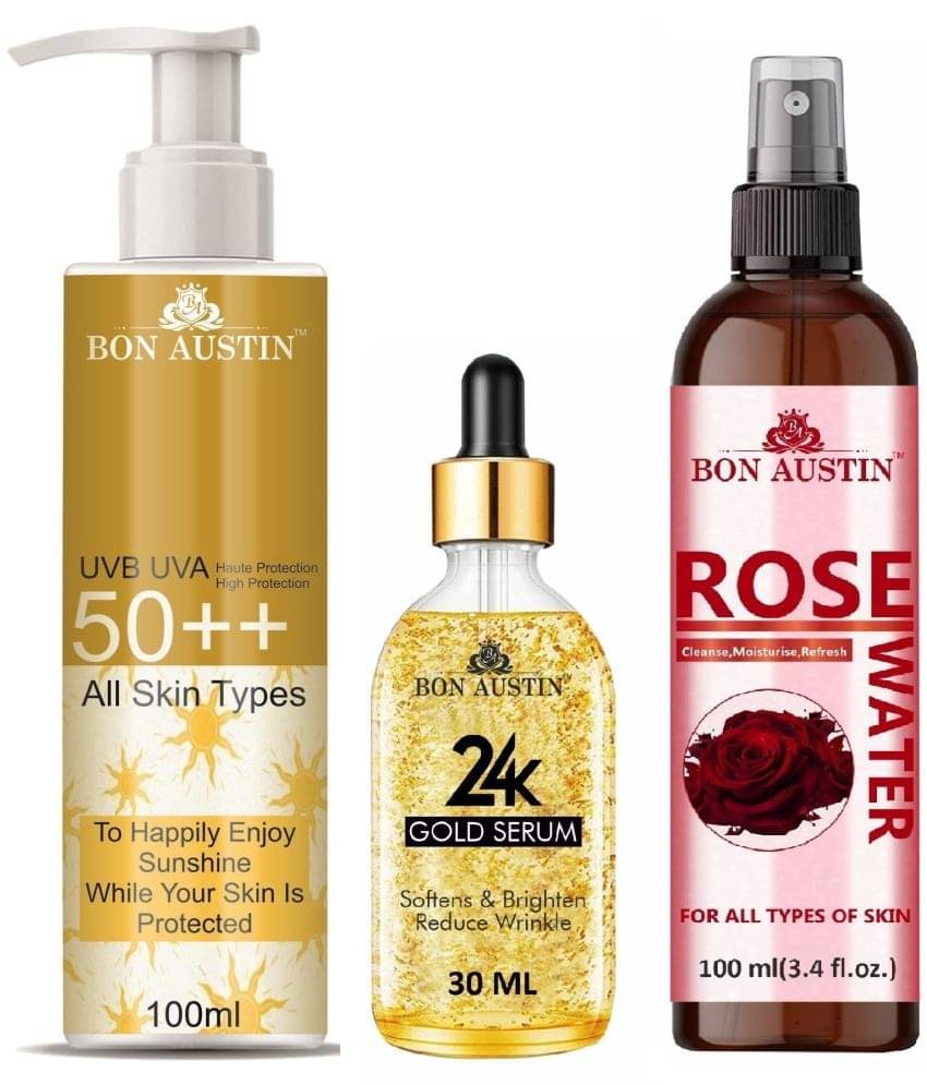 Bon Austin Broad Spectrum SPF 50++ Sunscreen 100ML, 24K Gold Serum 30ML & Natural Rose Water 100ml - Combo of 3 Bon Austin Broad Spectrum SPF 50++ Sunscreen 100ML, 24K Gold Serum 30ML & Natural Rose Water 100ml - Combo of 3