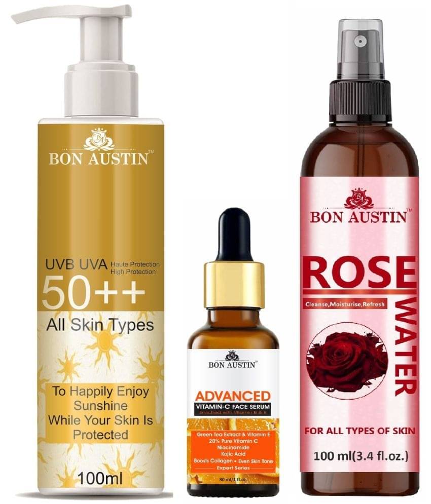 Bon Austin Broad Spectrum SPF 50++ Sunscreen 100ML, Advance Vitamin C Face Serum 30ML & Natural Rose Water 100ml - Combo of 3 Bon Austin Broad Spectrum SPF 50++ Sunscreen 100ML, Advance Vitamin C Face Serum 30ML & Natural Rose Water 100ml - Combo of 3
