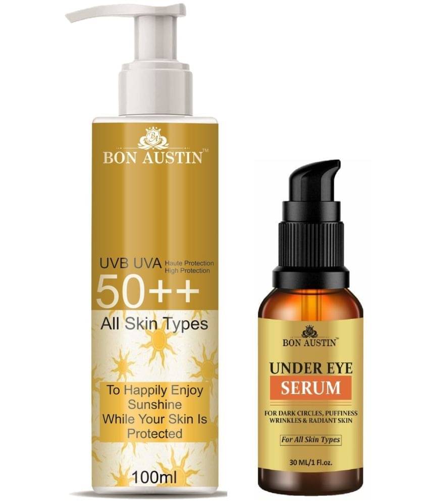 Bon Austin Broad Spectrum SPF 50++ Sunscreen 100ML & Under Eye Serum-Dark Circle Remover 30ML - Combo of 2 Bon Austin Broad Spectrum SPF 50++ Sunscreen 100ML & Under Eye Serum-Dark Circle Remover 30ML - Combo of 2