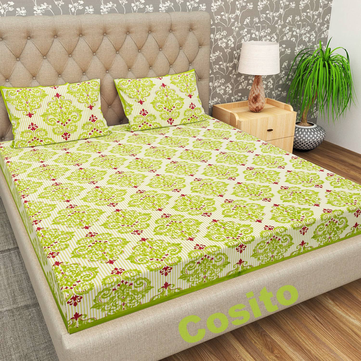 Cosito Cotton 1 Double Bedsheet with 2 Pillow Covers ( Light Green )