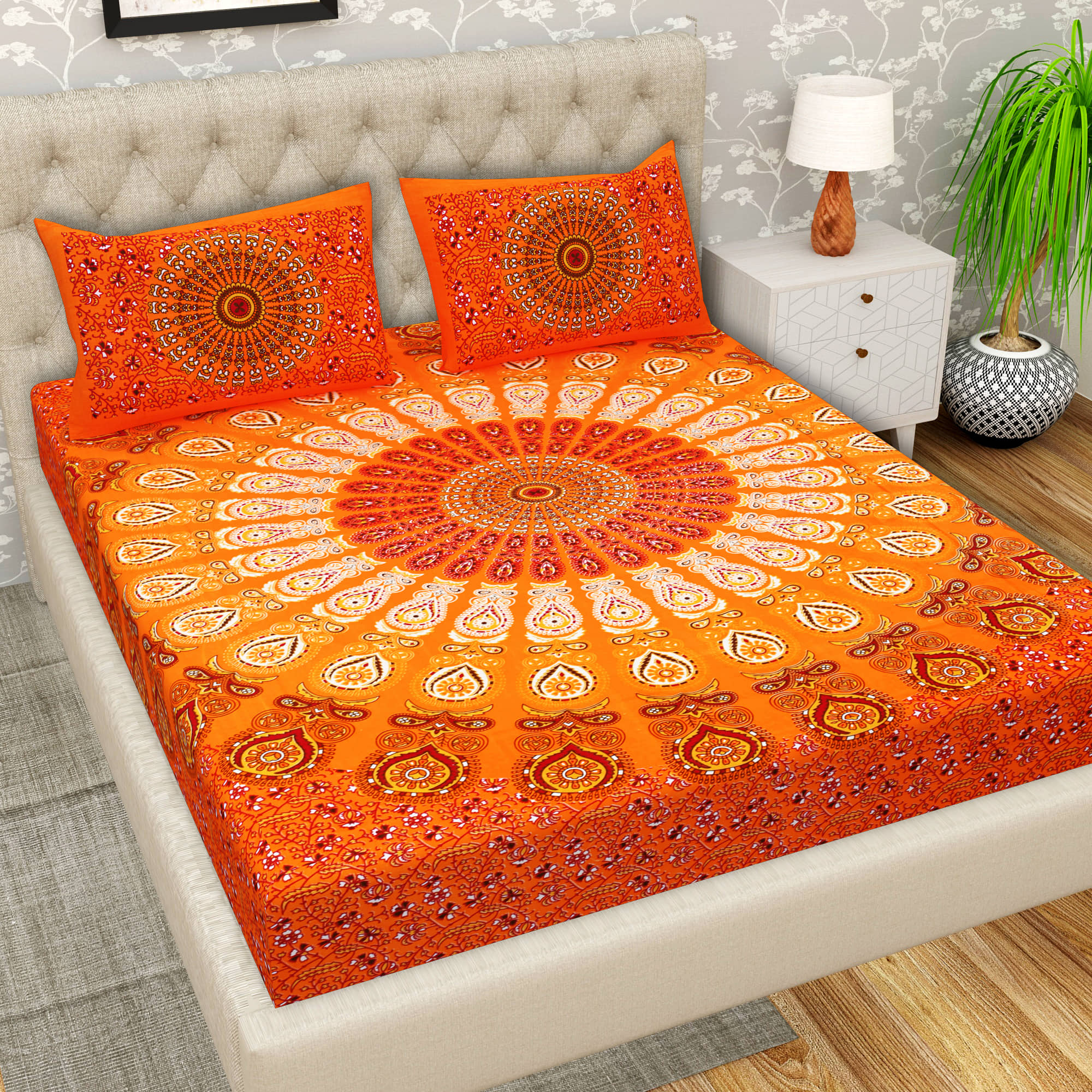 Cosito Cotton 1 Double Bedsheet with 2 Pillow Covers ( Orange )