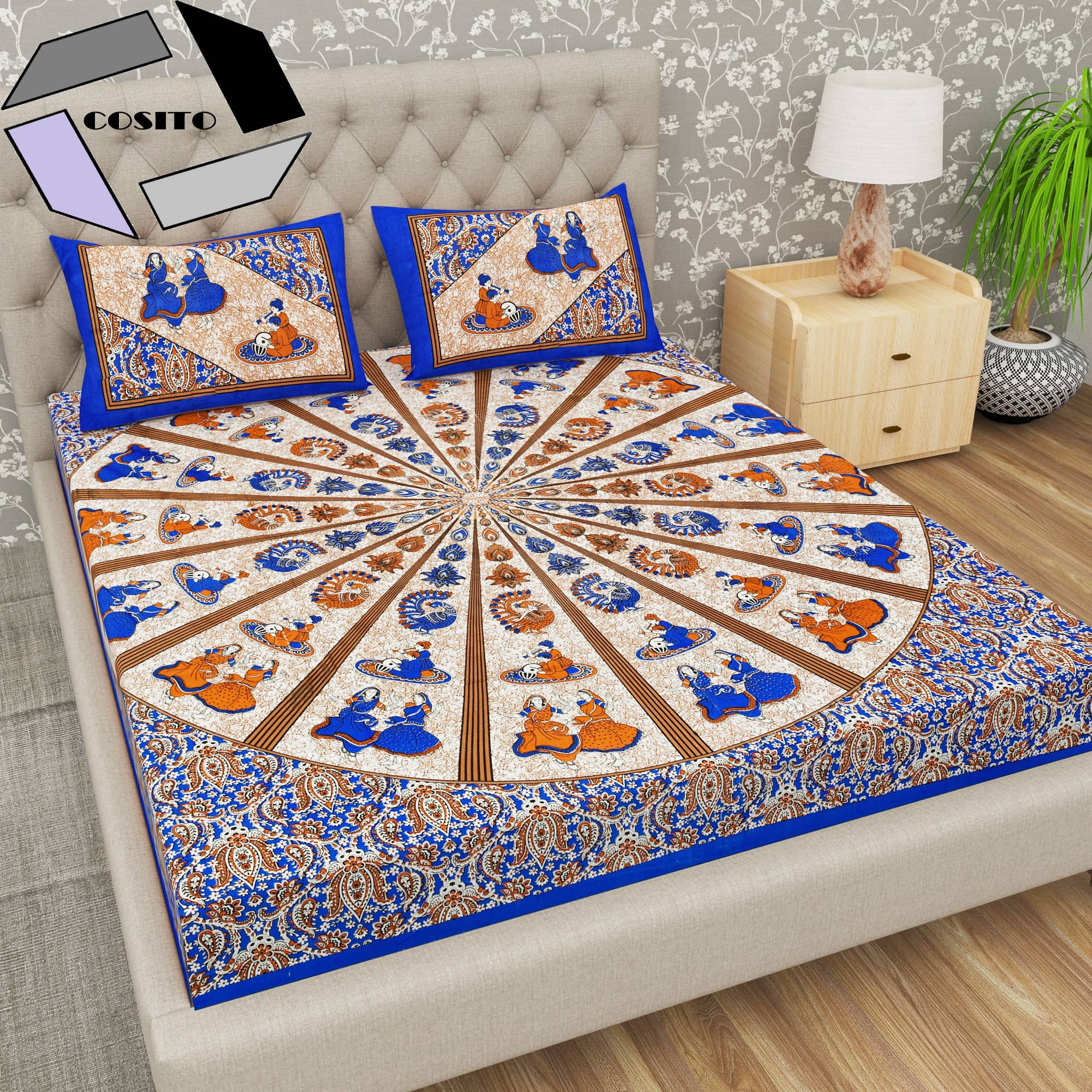 Cosito Cotton 1 Double Bedsheet with 2 Pillow Covers ( Blue )