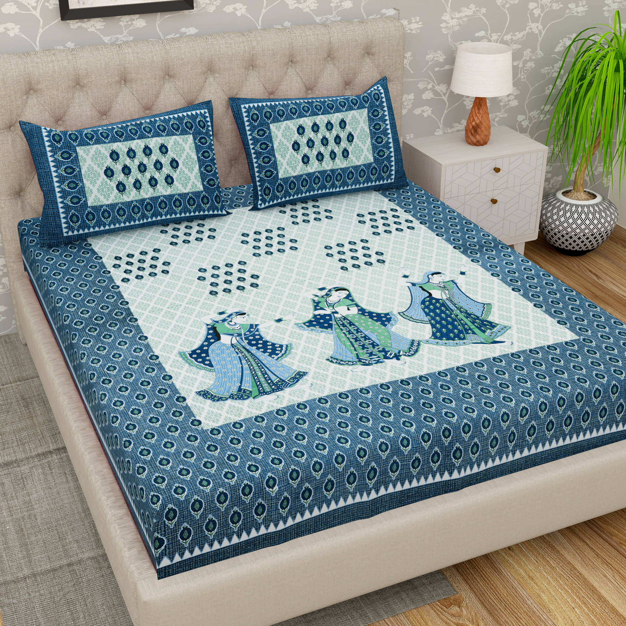 Cosito Cotton 1 Double Bedsheet with 2 Pillow Covers ( Blue )