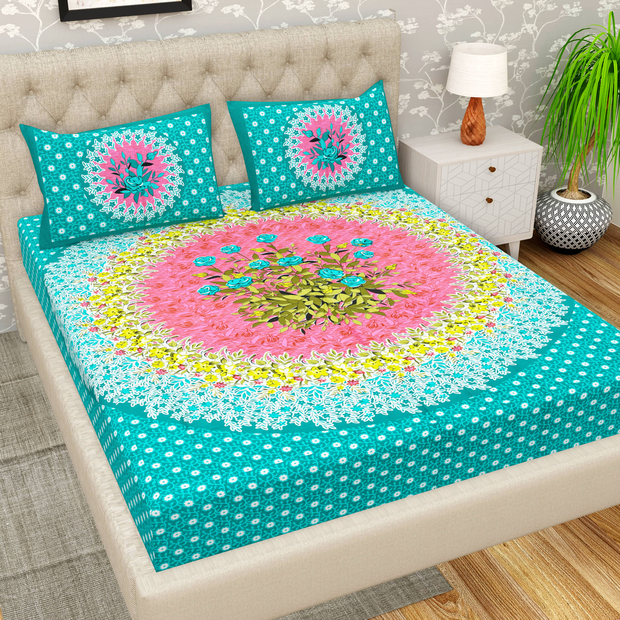 Cosito Cotton 1 Double Bedsheet with 2 Pillow Covers ( Green )