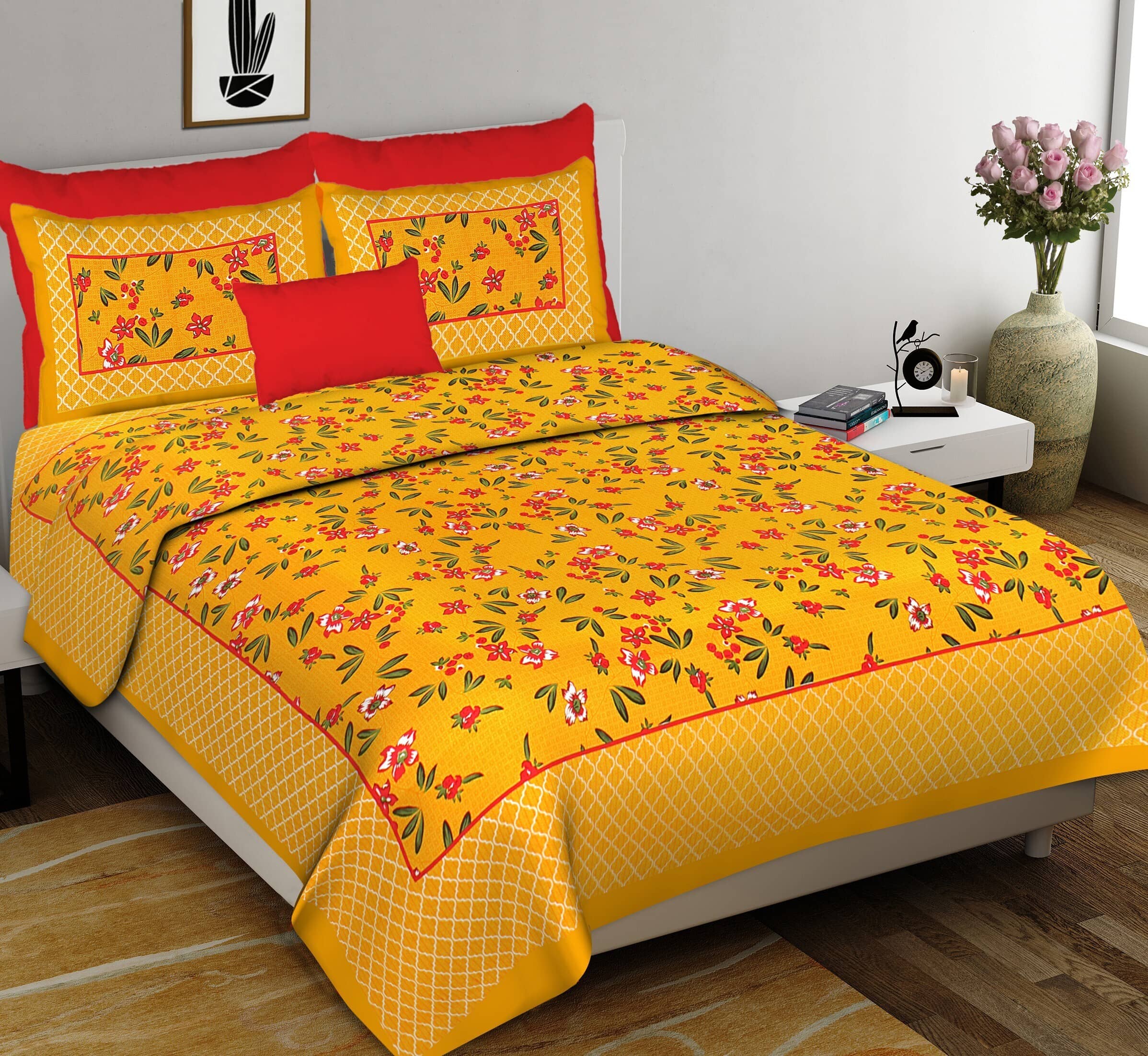 Cosito Cotton 1 Double Bedsheet with 2 Pillow Covers ( Yellow )