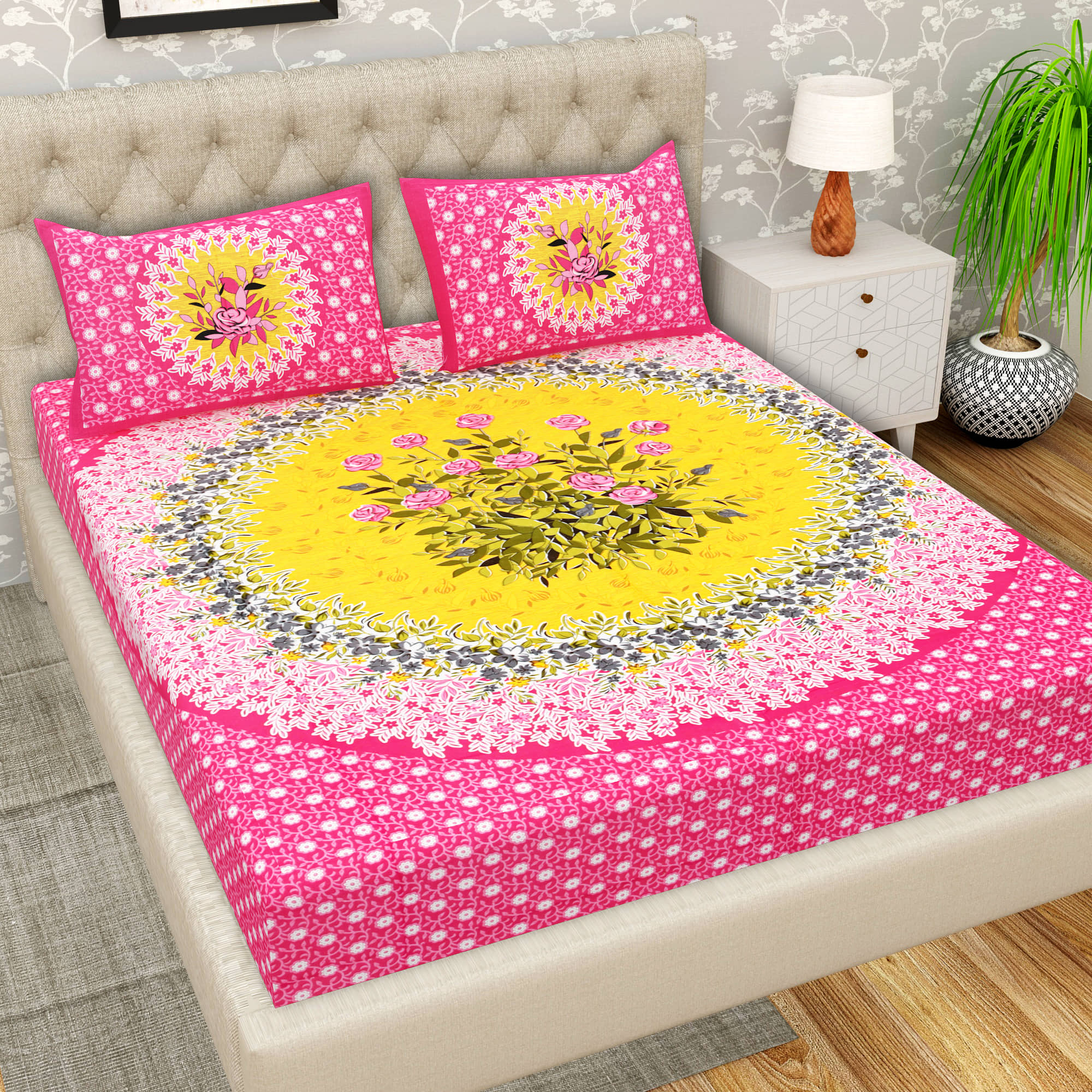 Cosito Cotton 1 Double Bedsheet with 2 Pillow Covers ( Pink )