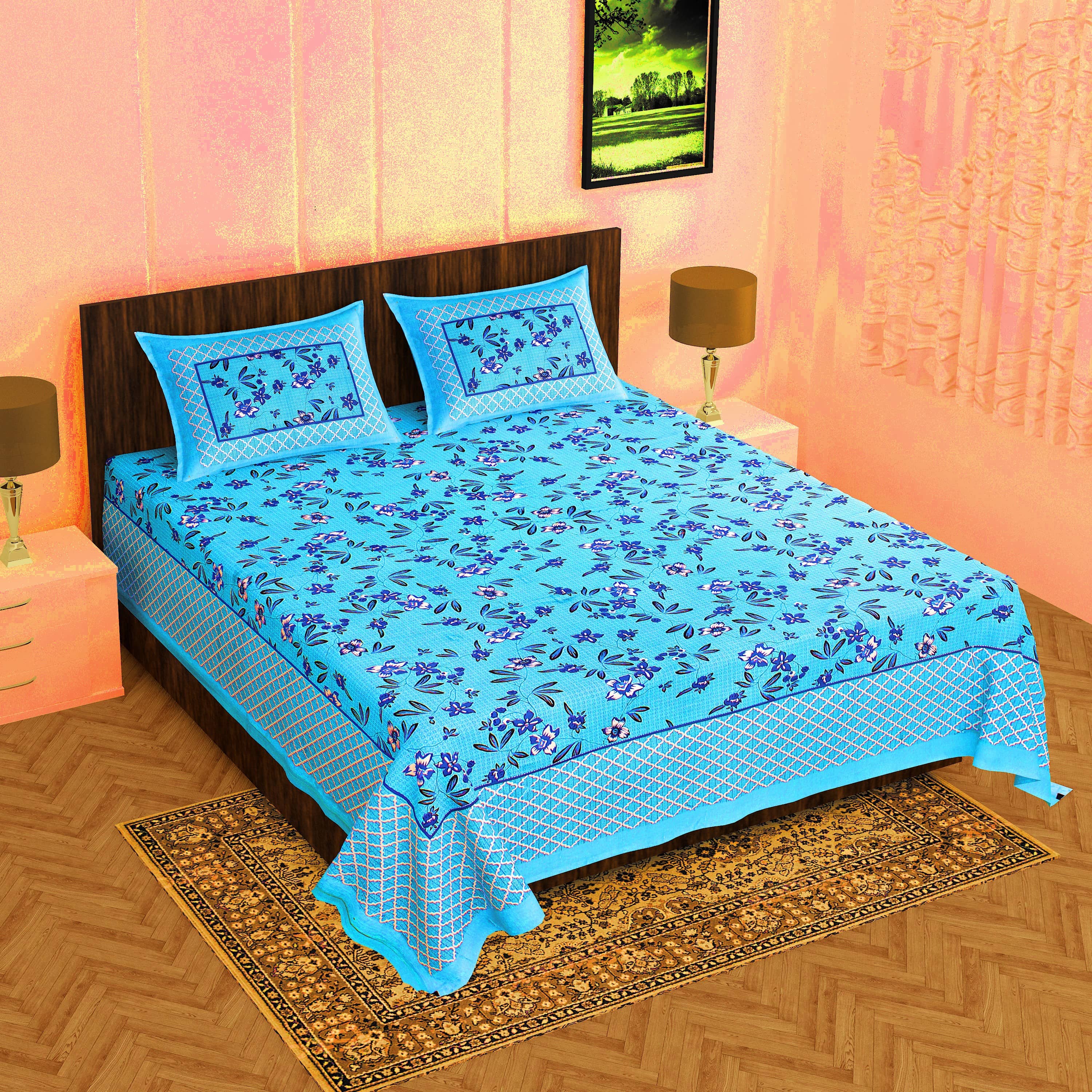 Cosito Cotton 1 Double Bedsheet with 2 Pillow Covers ( Blue )