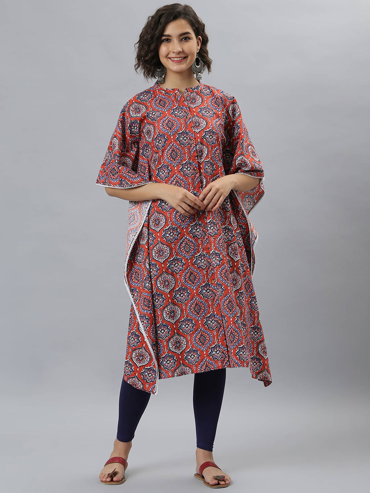     			Janasya Cotton Printed Kaftan Women's Kurti - Orange ( Pack of 1 )