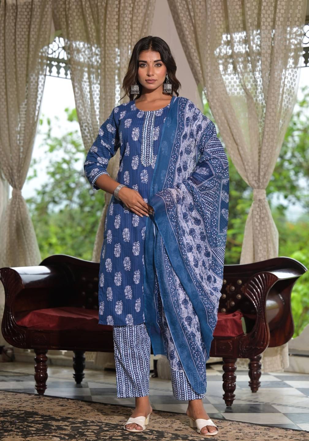     			Juniper Cotton Printed Kurti With Pants Women's Stitched Salwar Suit - Navy Blue ( Pack of 1 )