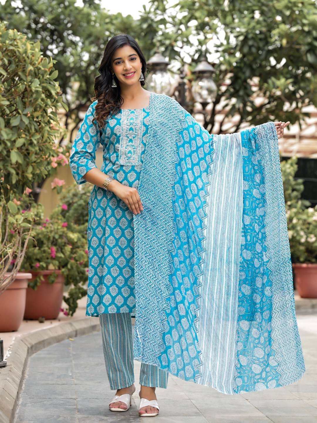 Juniper Cotton Printed Kurti With Pants Women's Stitched Salwar Suit - Blue ( Pack of 1 ) Juniper Cotton Printed Kurti With Pants Women's Stitched Salwar Suit - Blue ( Pack of 1 )