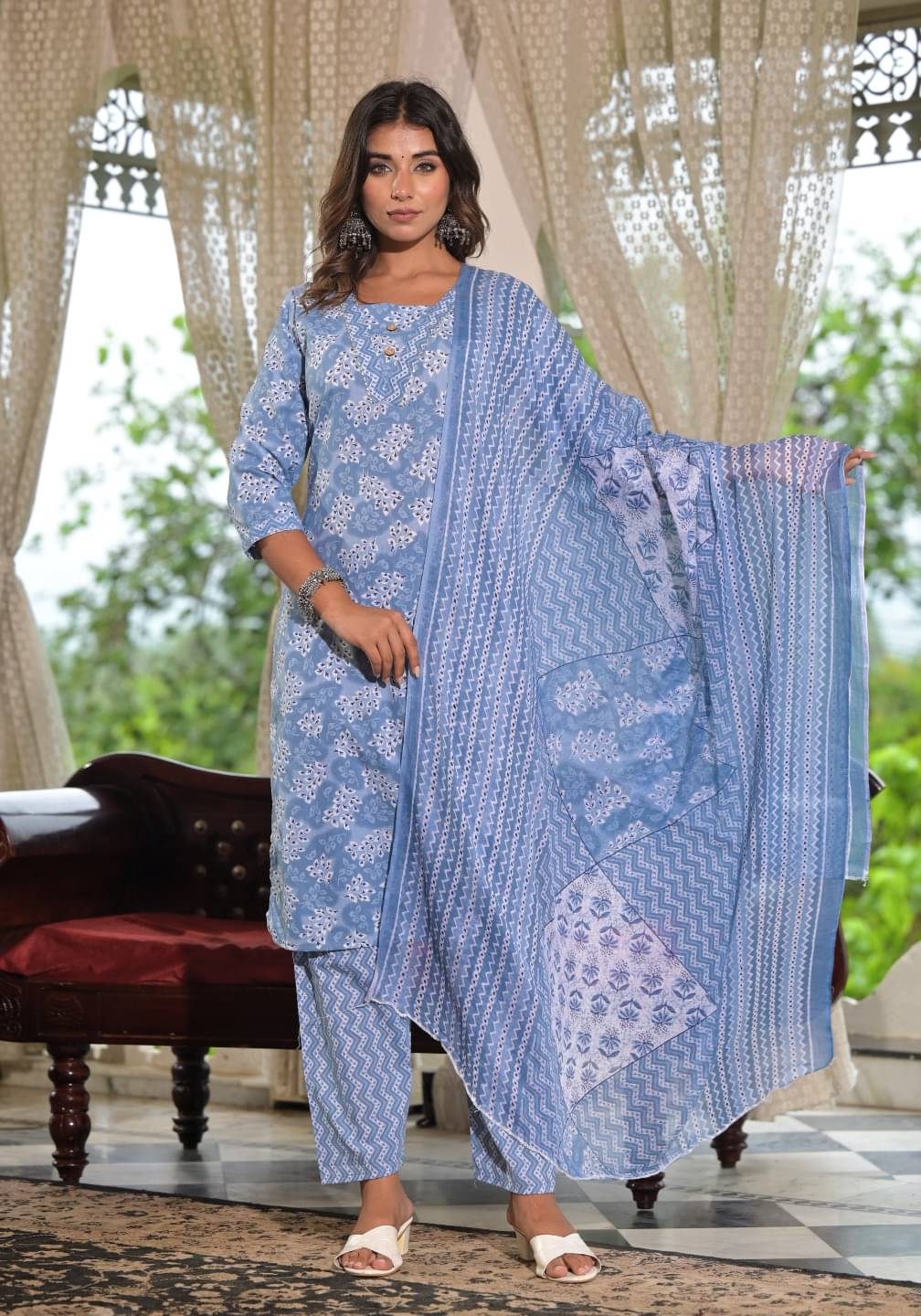     			Juniper Cotton Printed Kurti With Pants Women's Stitched Salwar Suit - Blue ( Pack of 1 )