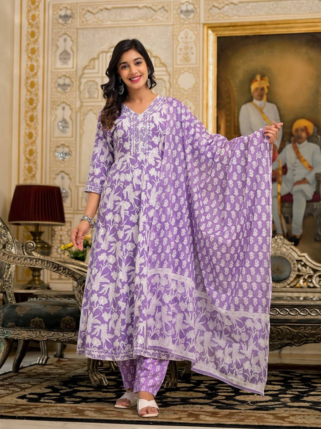     			Juniper Rayon Printed Kurti With Pants Women's Stitched Salwar Suit - Lavender ( Pack of 1 )
