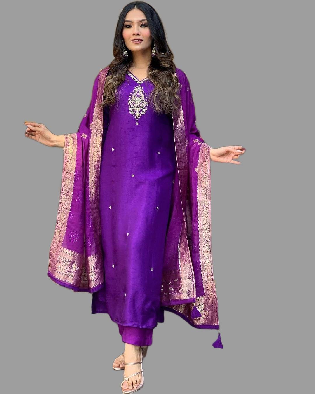 MEHZEEL FAB Silk Blend Embroidered Kurti With Pants Women's Stitched Salwar Suit - Purple ( Pack of 1 ) MEHZEEL FAB Silk Blend Embroidered Kurti With Pants Women's Stitched Salwar Suit - Purple ( Pack of 1 )